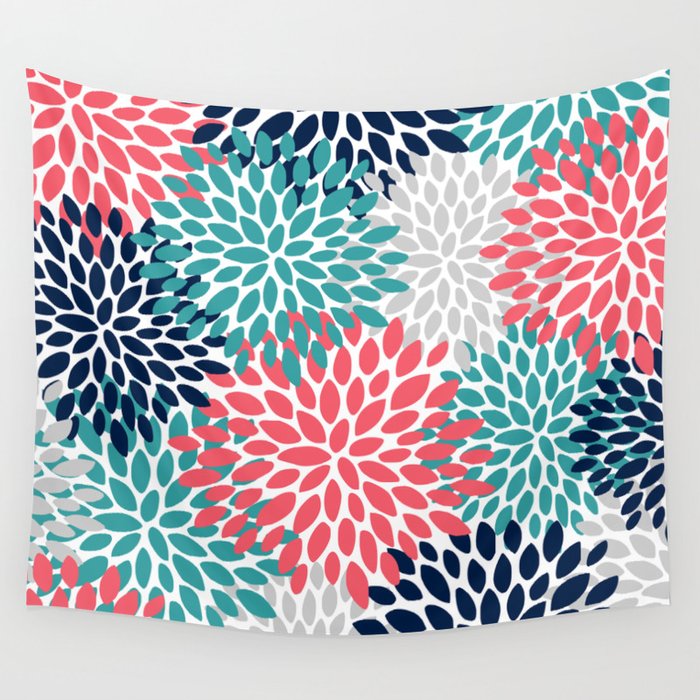 Floral Blooms, Coral Pink, Navy, Teal, Gray Wall Tapestry Gallery Image 4