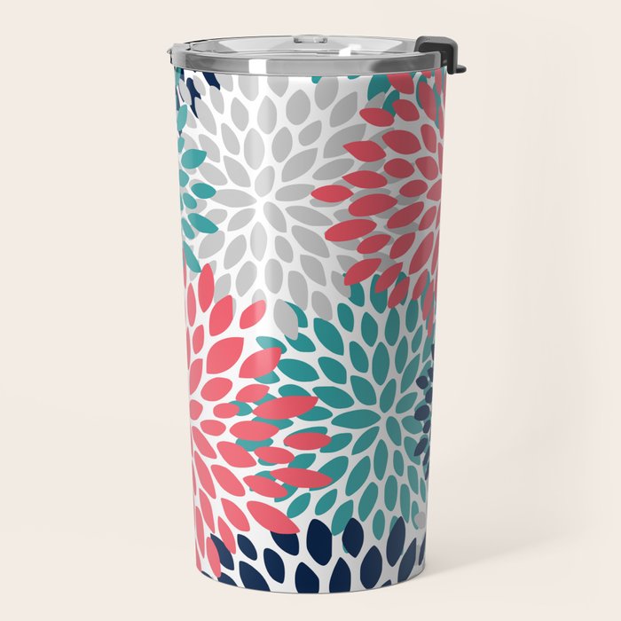 Floral Blooms, Coral Pink, Navy, Teal, Gray Travel Mug Gallery Image 2