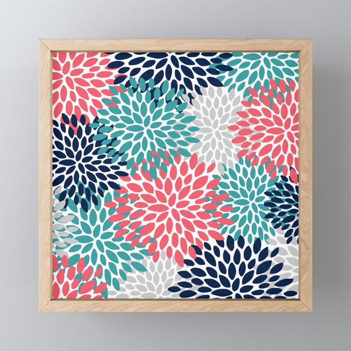 Floral Blooms, Coral Pink, Navy, Teal, Gray Mini Art Print Gallery Image 1
