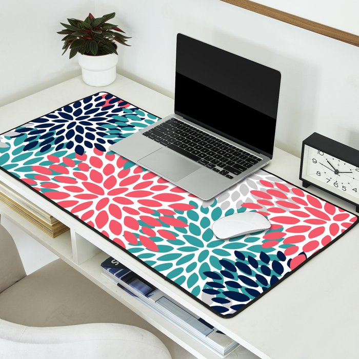 Floral Blooms, Coral Pink, Navy, Teal, Gray Desk Mat Gallery Image 2