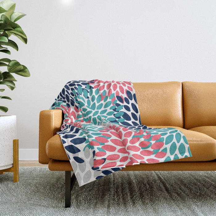 Floral Blooms, Coral Pink, Navy, Teal, Gray Throw Blanket Gallery Image 1