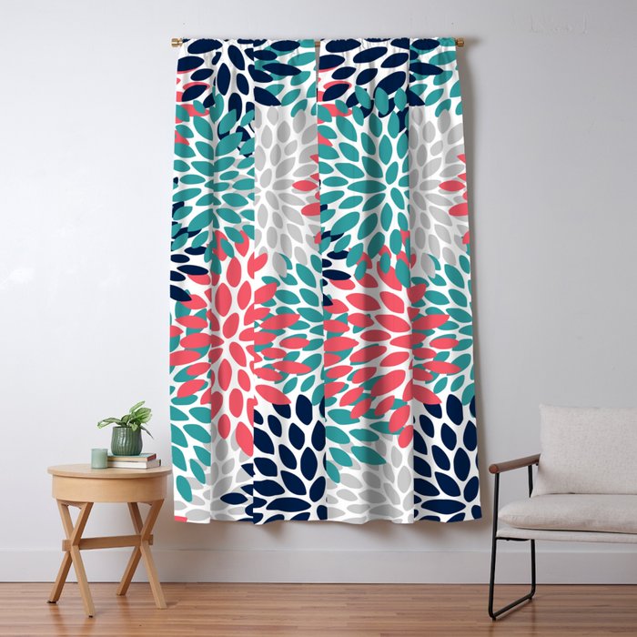 Floral Blooms, Coral Pink, Navy, Teal, Gray Window Curtain Gallery Image 5