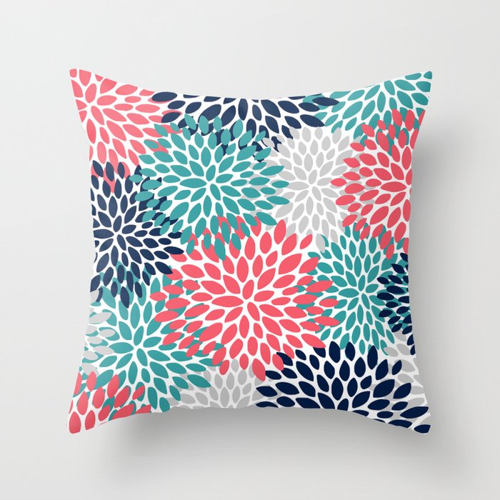 Floral Blooms, Coral Pink, Navy, Teal, Gray Throw Pillow Gallery Image 1