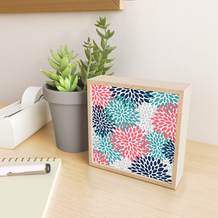 Floral Blooms, Coral Pink, Navy, Teal, Gray Mini Art Print Gallery Image 2