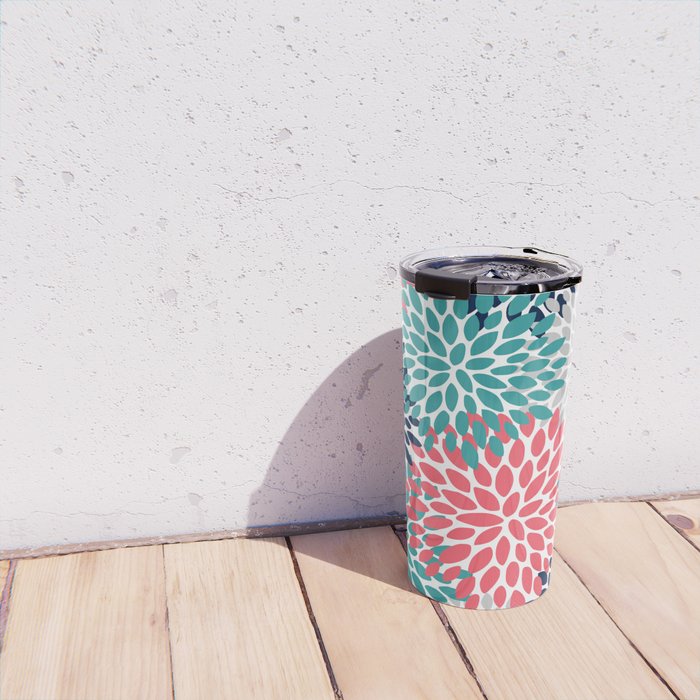 Floral Blooms, Coral Pink, Navy, Teal, Gray Travel Mug Gallery Image 4