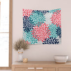 Floral Blooms, Coral Pink, Navy, Teal, Gray Wall Tapestry Gallery Image 2