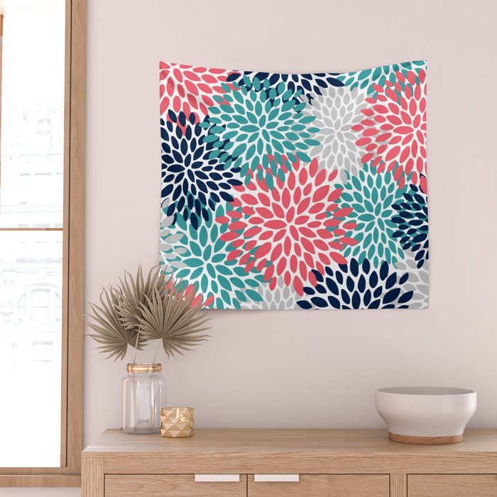 Floral Blooms, Coral Pink, Navy, Teal, Gray Wall Tapestry Gallery Image 2