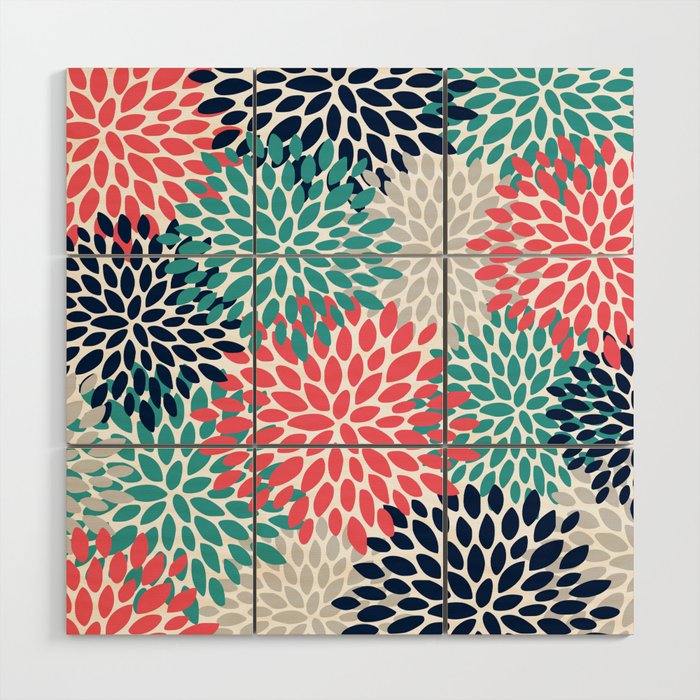 Floral Blooms, Coral Pink, Navy, Teal, Gray Wood Wall Art Gallery Image 1