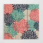 Floral Blooms, Coral Pink, Navy, Teal, Gray Wood Wall Art Gallery Image 1