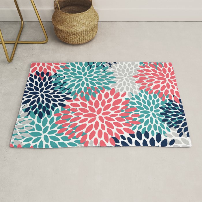 Floral Blooms, Coral Pink, Navy, Teal, Gray Rug Gallery Image 1