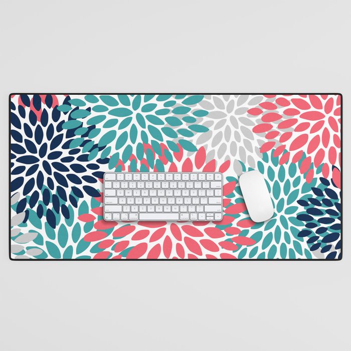 Floral Blooms, Coral Pink, Navy, Teal, Gray Desk Mat Gallery Image 1