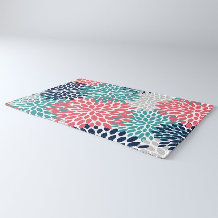 Floral Blooms, Coral Pink, Navy, Teal, Gray Rug Gallery Image 3
