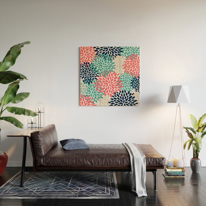Floral Blooms, Coral Pink, Navy, Teal, Gray Wood Wall Art Gallery Image 2