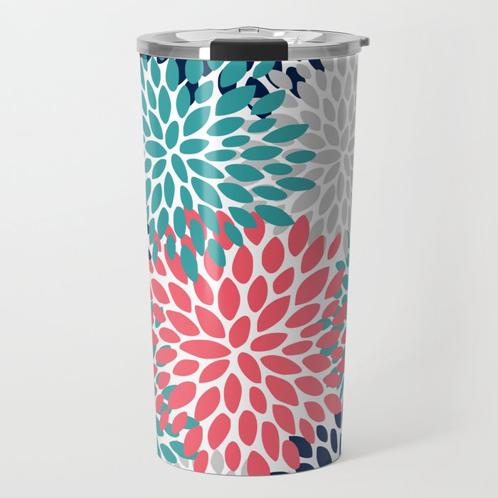 Floral Blooms, Coral Pink, Navy, Teal, Gray Travel Mug Gallery Image 1