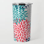 Floral Blooms, Coral Pink, Navy, Teal, Gray Travel Mug Gallery Image 1