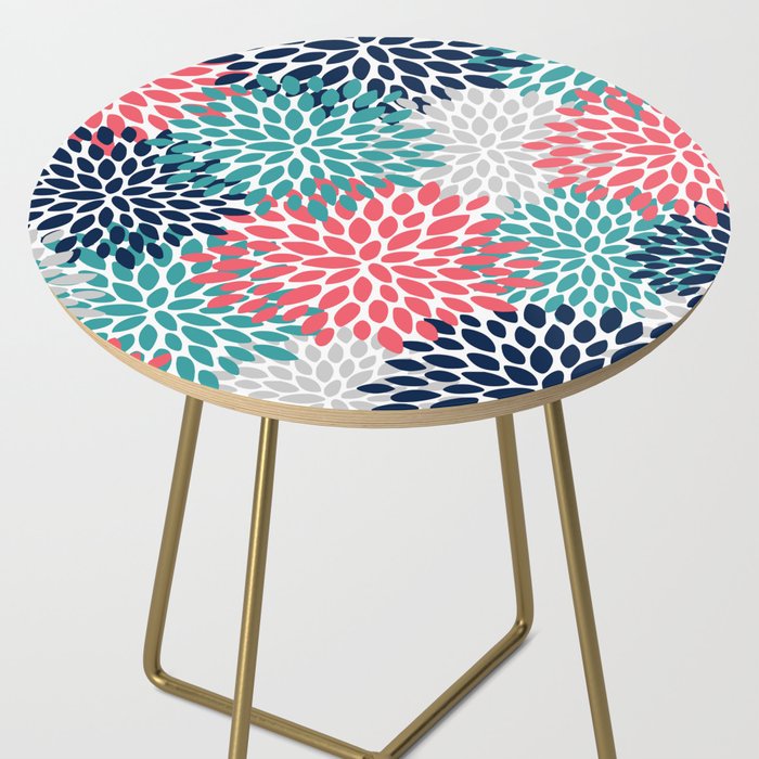 Floral Blooms, Coral Pink, Navy, Teal, Gray Side Table Gallery Image 2