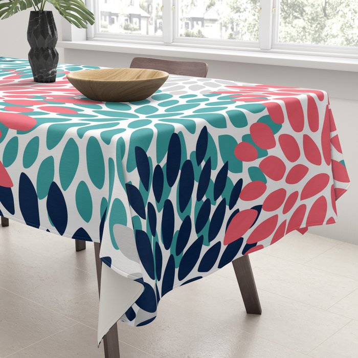 Floral Blooms, Coral Pink, Navy, Teal, Gray Tablecloth Gallery Image 3