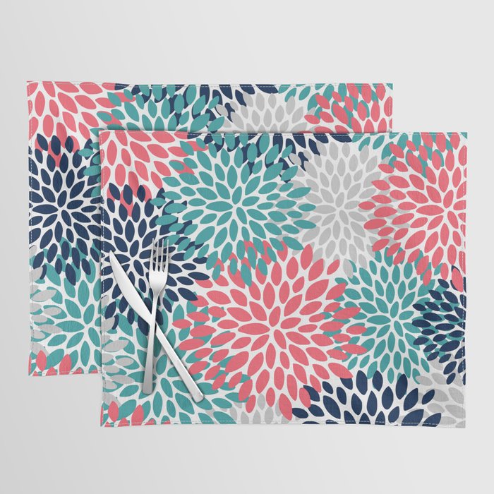 Floral Blooms, Coral Pink, Navy, Teal, Gray Placemat Gallery Image 1