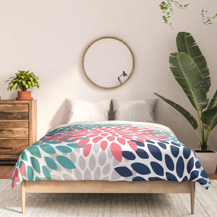 Floral Blooms, Coral Pink, Navy, Teal, Gray Comforter Gallery Image 3