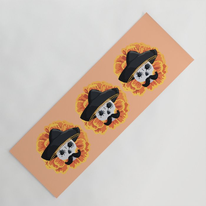 Charro mexican kawaii cute sugar skull mexican style cempasúchil mustache mexican sombrero skeleton  Yoga Mat Gallery Image 1