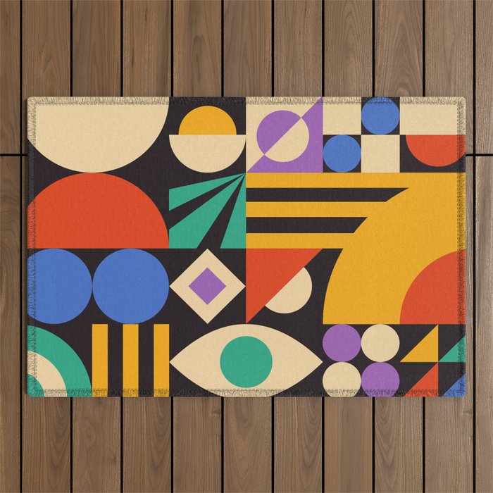 Bauhaus Mid Century Abstract Shapes colorful Outdoor Rug Gallery Image 1