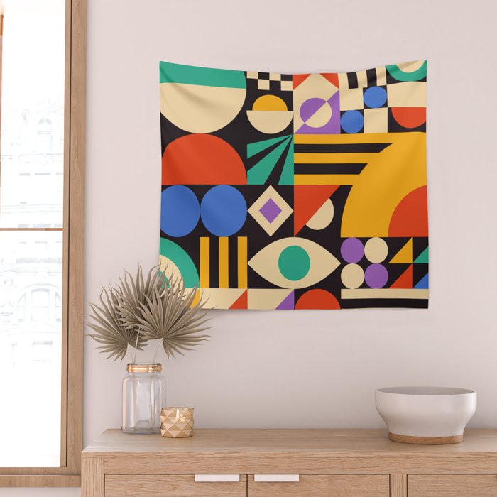 Bauhaus Mid Century Abstract Shapes colorful Wall Tapestry Gallery Image 2