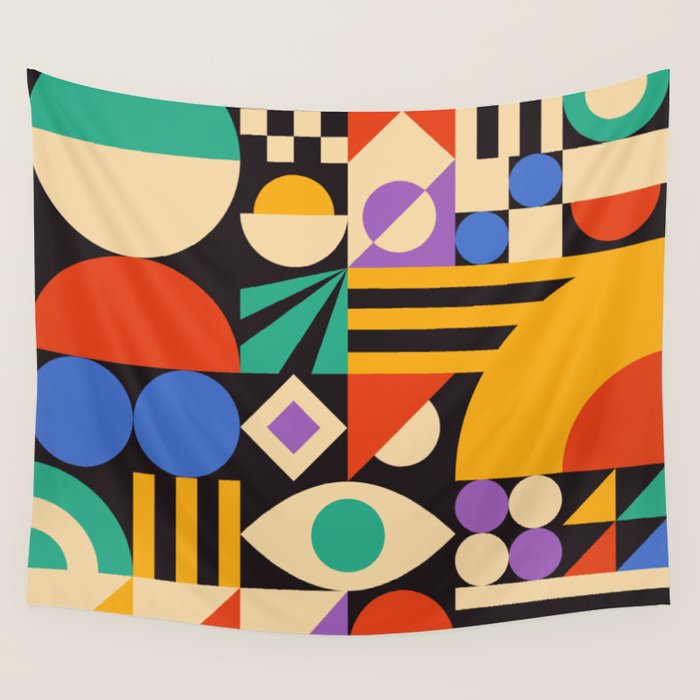 Bauhaus Mid Century Abstract Shapes colorful Wall Tapestry Gallery Image 1