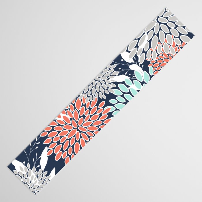 Floral Prints and Leaves, Navy, Aqua Coral and Gray Table Runner Gallery Image 3
