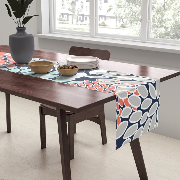 Floral Prints and Leaves, Navy, Aqua Coral and Gray Table Runner Gallery Image 2