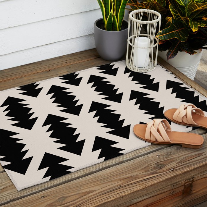 Southwest Criss Cross Pattern in Black and Off White Almond Outdoor Rug Gallery Image 2