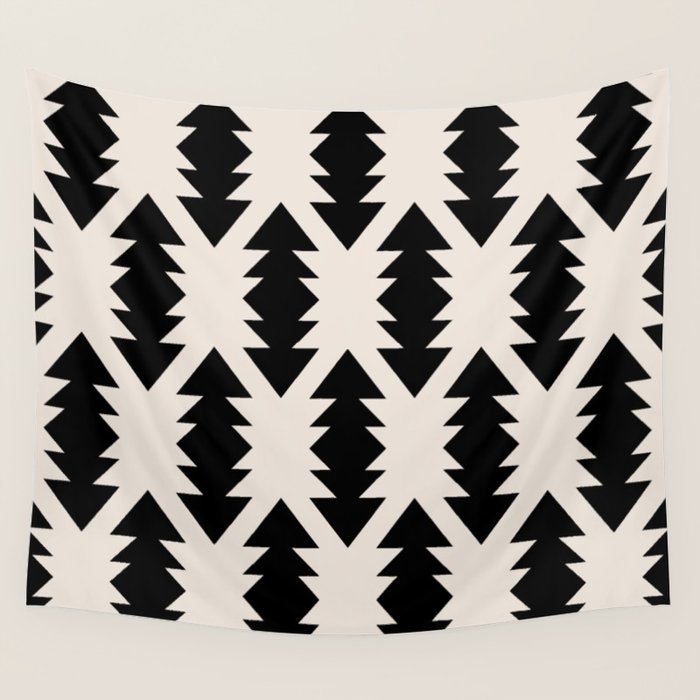 Southwest Criss Cross Pattern in Black and Off White Almond Wall Tapestry Gallery Image 4