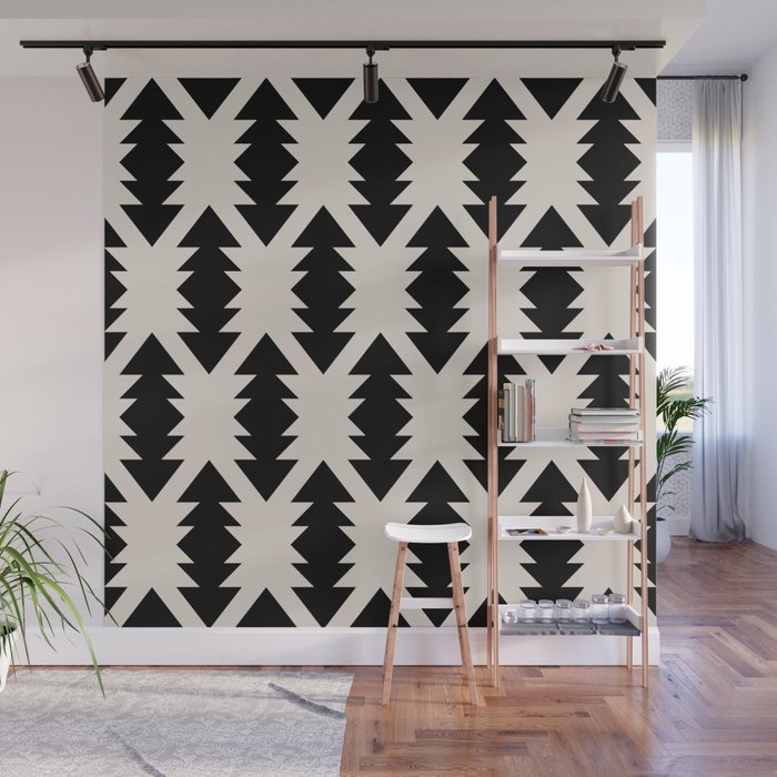 Southwest Criss Cross Pattern in Black and Off White Almond Wall Mural Gallery Image 1