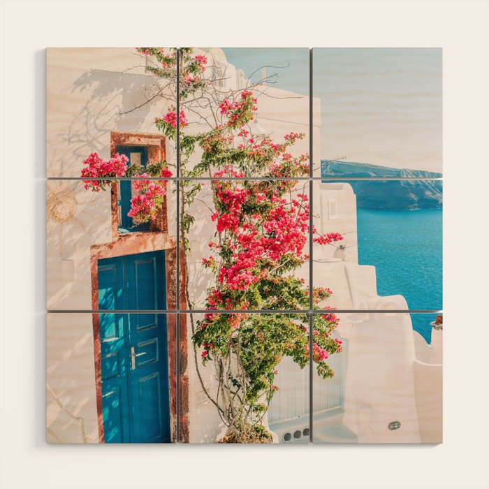 Blue Door in Santorini - Greece Travel Photography - Summer Island Wood Wall Art Gallery Image 1