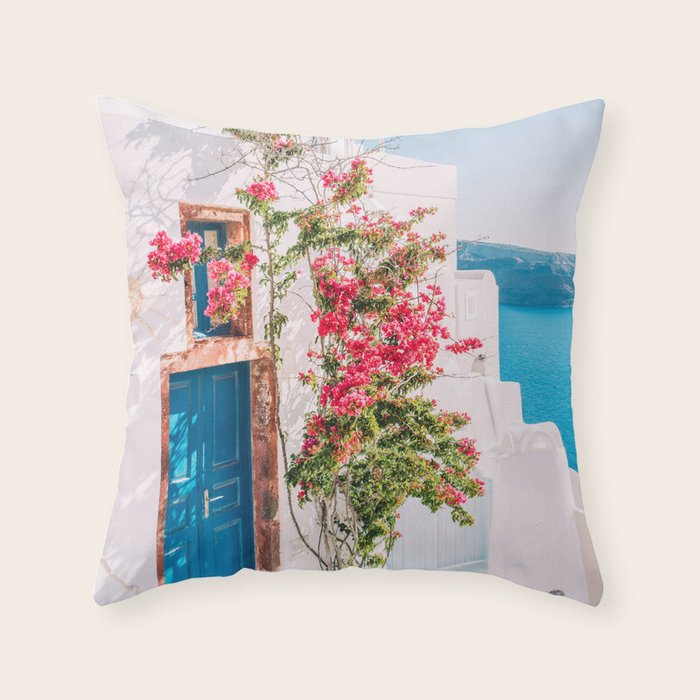 Blue Door in Santorini - Greece Travel Photography - Summer Island Throw Pillow Gallery Image 6