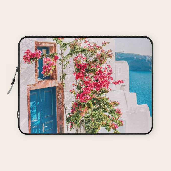 Blue Door in Santorini - Greece Travel Photography - Summer Island Laptop Sleeve Gallery Image 1