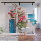 Blue Door in Santorini - Greece Travel Photography - Summer Island Wall Mural Gallery Image 1