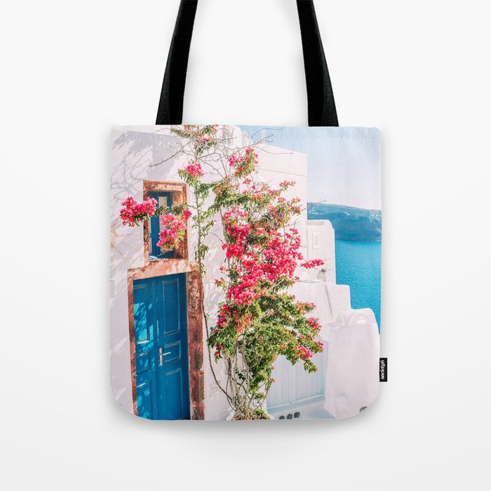 Blue Door in Santorini - Greece Travel Photography - Summer Island Tote Bag Gallery Image 1