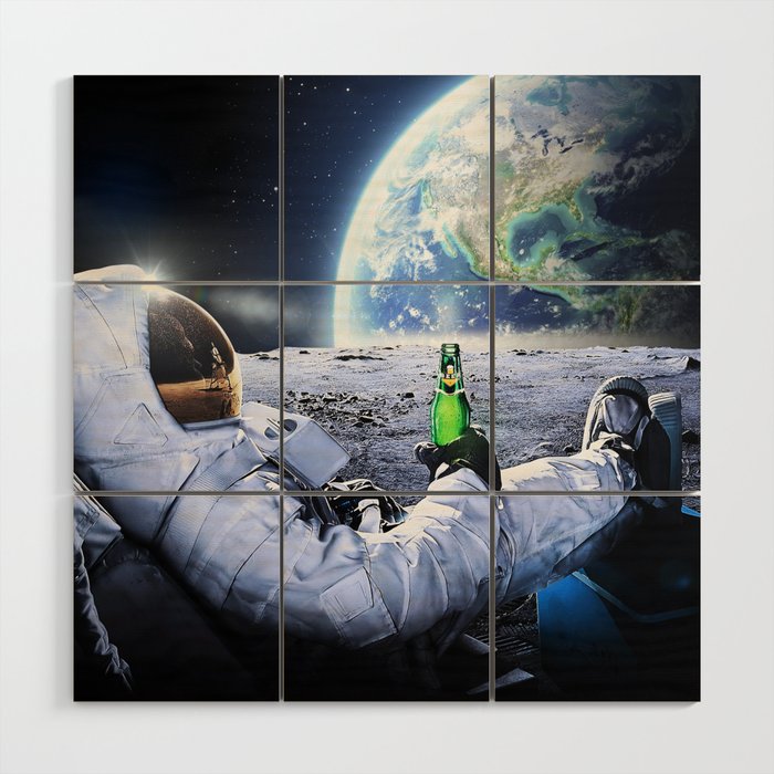Astronaut on the Moon with beer Wood Wall Art Gallery Image 1