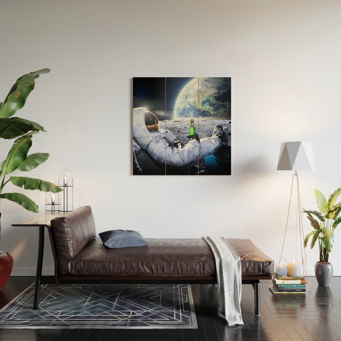 Astronaut on the Moon with beer Wood Wall Art Gallery Image 2