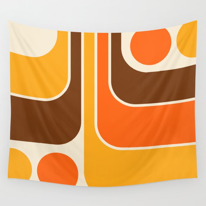 Retro 70s Style Geometric Design 664 Autumn Orange Yellow and Brown Wall Tapestry Gallery Image 1