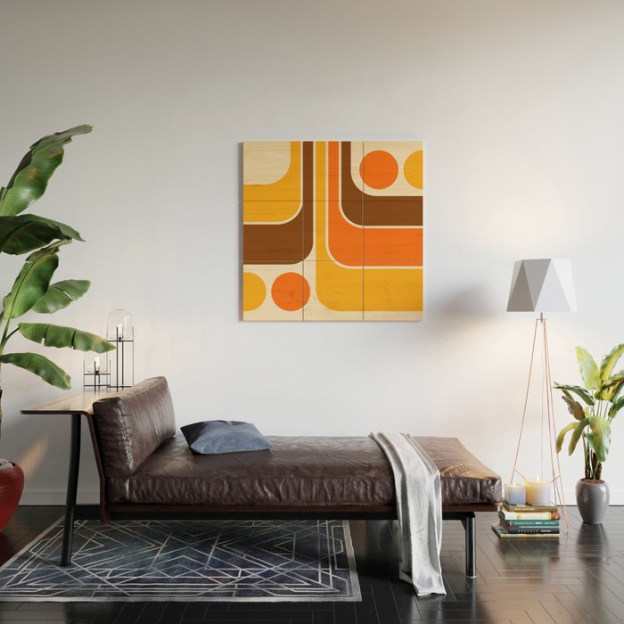 Retro 70s Style Geometric Design 664 Autumn Orange Yellow and Brown Wood Wall Art Gallery Image 2