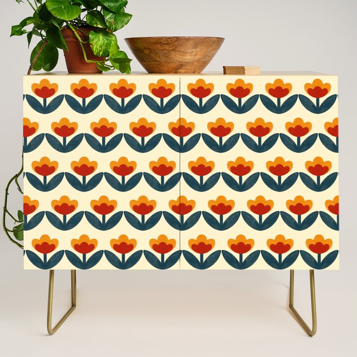 Retro 70s Floral Pattern in Mid-Century Red, Marigold, and Navy  Credenza Gallery Image 1