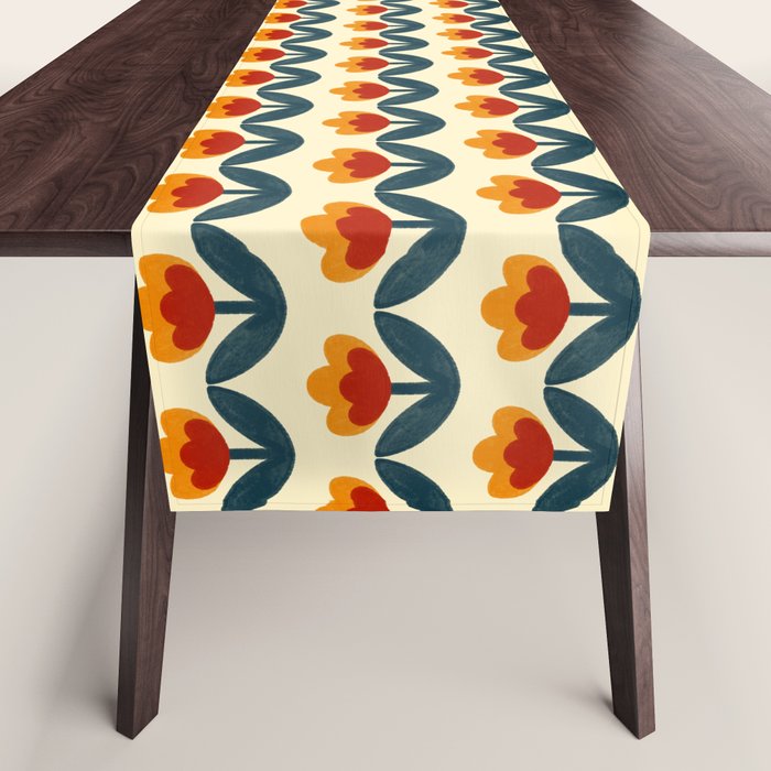 Retro 70s Floral Pattern in Mid-Century Red, Marigold, and Navy  Table Runner Gallery Image 1