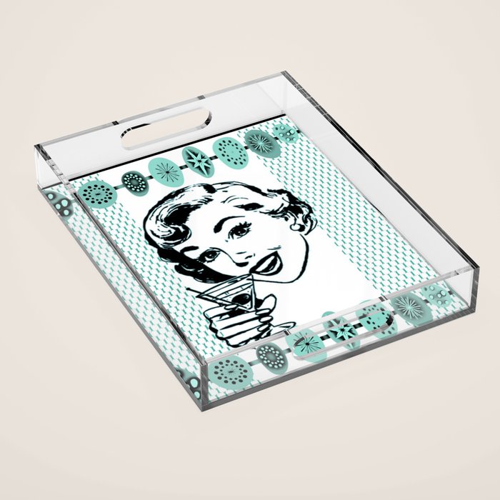 Mid-Century Modern Art Cocktail Teal Acrylic Tray Gallery Image 1
