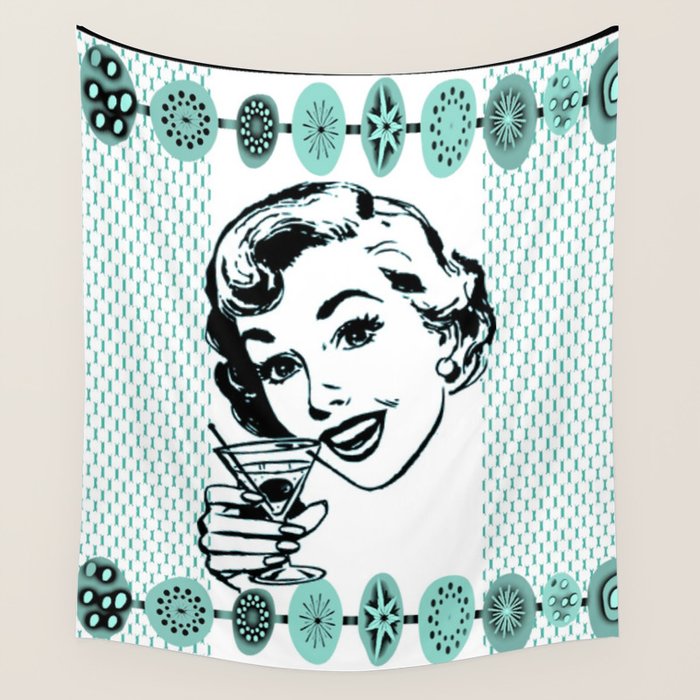 Mid-Century Modern Art Cocktail Teal Wall Tapestry Gallery Image 4