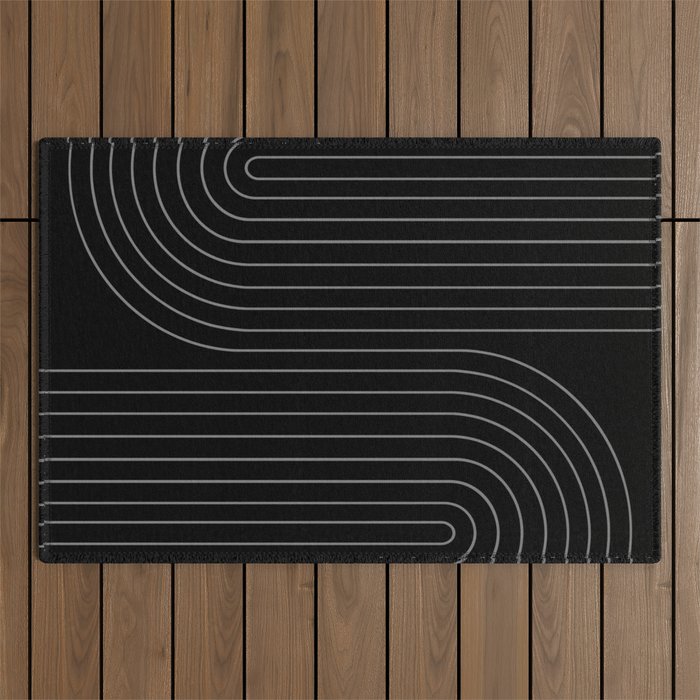 Minimal Line Curvature XXVI Black and Grey Mid Century Modern Arch Abstract Outdoor Rug Gallery Image 1