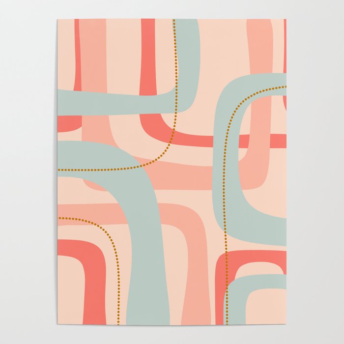 Loops and Dots Midcentury Modern Pastel Pattern in Blush Coral, Aqua Mint, and Ochre Poster Gallery Image 4