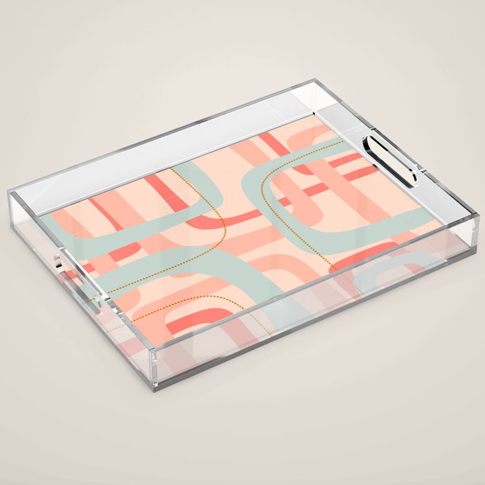 Loops and Dots Midcentury Modern Pastel Pattern in Blush Coral, Aqua Mint, and Ochre Acrylic Tray Gallery Image 1