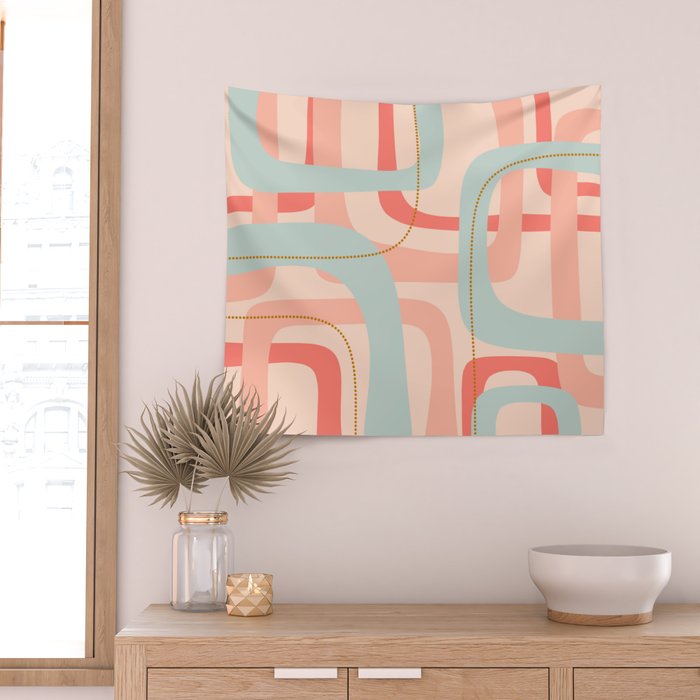 Loops and Dots Midcentury Modern Pastel Pattern in Blush Coral, Aqua Mint, and Ochre Wall Tapestry Gallery Image 2