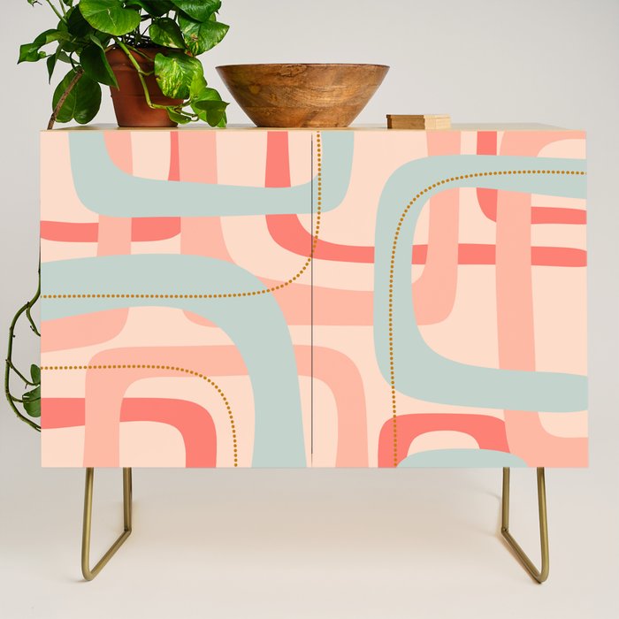 Loops and Dots Midcentury Modern Pastel Pattern in Blush Coral, Aqua Mint, and Ochre Credenza Gallery Image 1
